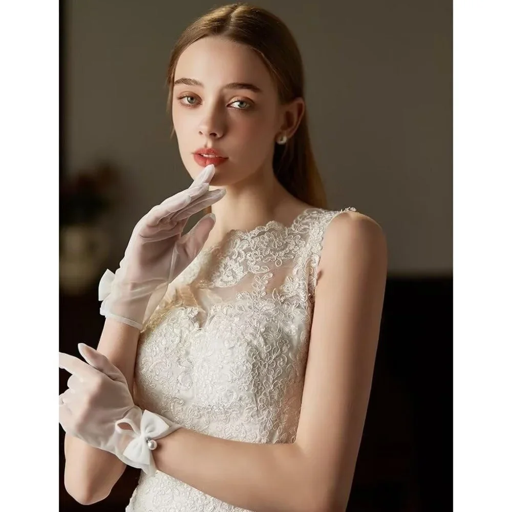 Women's Green Bow Tulle Pearls Mesh Tea Short Gloves Party Prom Accessories
